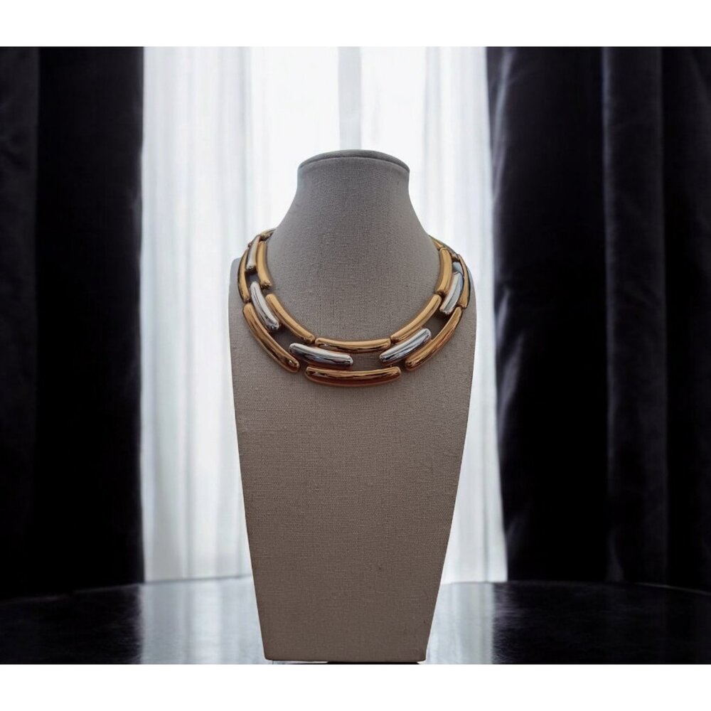 Choker Statement Necklace Watch Link Interlock Runway Chunky Gold and Tone 13"